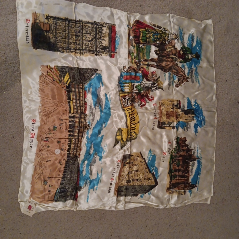 EXQUISITE VTG Ponsa 100% Silk 30" Square Souvenir Scarf From Barcelona Spain.